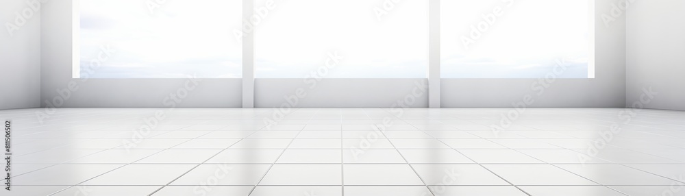 An empty room with large windows looking out onto a foggy landscape.