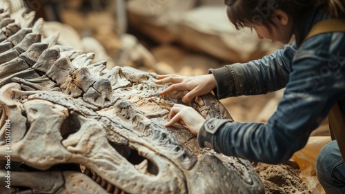 Child exploring large dinosaur fossil at museum