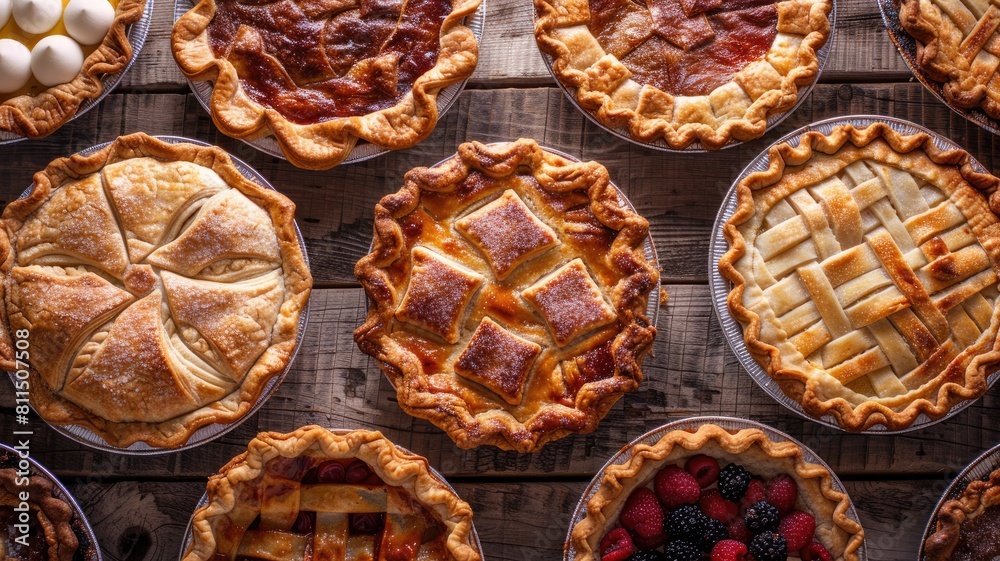 Assorted freshly baked pies with various fillings and toppings on wooden surface Assorted freshly baked pies with various fillings and toppings on wooden surface