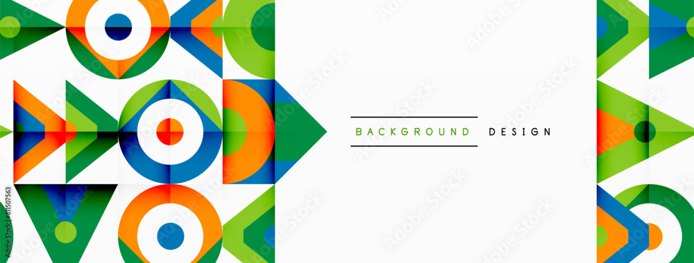A vibrant geometric pattern featuring triangles, rectangles, circles, and arrows in electric blue hues, creating a symmetrical art piece perfect for a logo or event backdrop