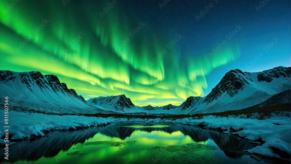 Northern lights in the mountains at night reflected in the mountain lake