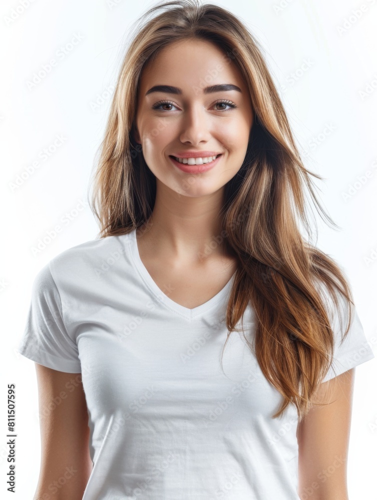 Woman wearing white tshirt mockup created with generative AI Woman wearing white tshirt mockup created with generative AI
