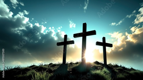 symbol of Christianity three wooden crosses stands on a mountain or hill in the rays of the sun