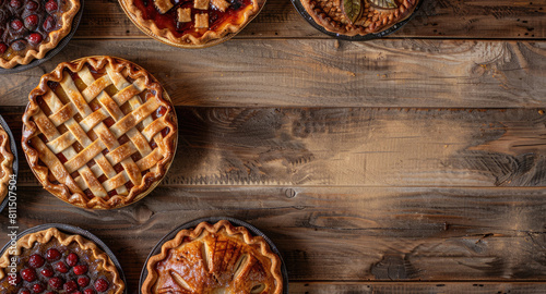 Assorted freshly baked fruit pies on wooden table