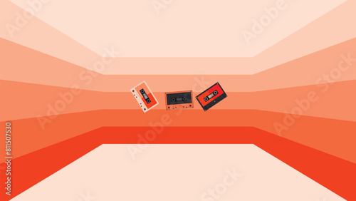 Retro wallpaper with audio cassette tapes isolated orange background.flat design background, suitable for vintage background, retro poster , retro banner