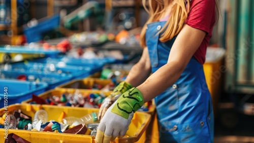 Person sorting recyclables at waste management facility photo