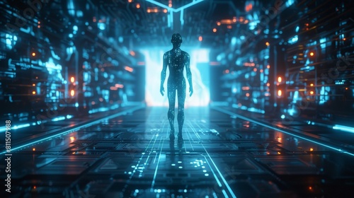 Blue translucent man walking through a digital Tron-like tunnel Best Job Candidate HR human resources technology.Online and modern technologies for simplifying the human resources  photo