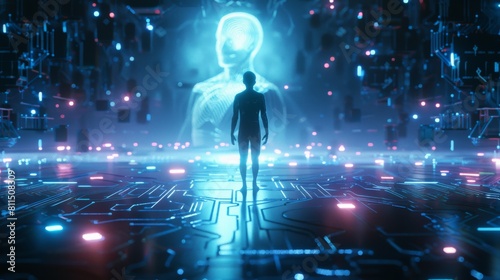 Circuit board with a person standing in front of a glowing blue figure. Best Job Candidate HR human resources technology.Online and modern technologies for simplifying the human resources 