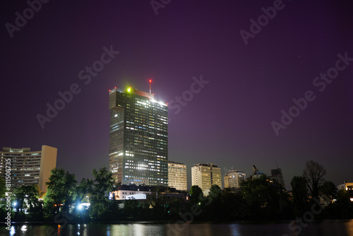 Northern Lights in Vienna Austria at Old Danube with Modern Skyline