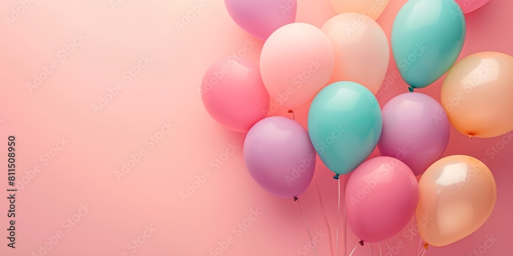 bunch of balloons floating in the air on a pink background with a pastel color scheme and a pink background