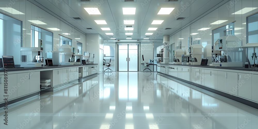 a large lab with a lot of white cabinets and counters a large lab with a lot of white cabinets and counters