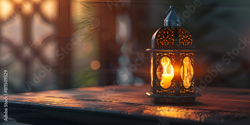 Islamic ramadan Background With Islamic Lantern on wooden table over the bokeh lights effect photo