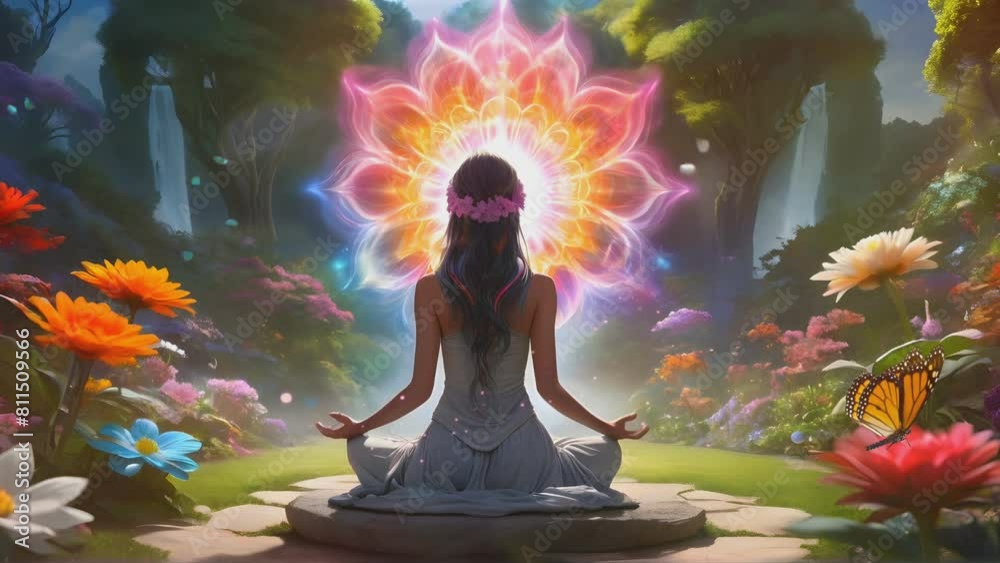 woman meditating with an aura that forms a lotus flower amidst the beauty of a peaceful and beautiful forest, seamless looping time lapse virtual 4k video animation background
