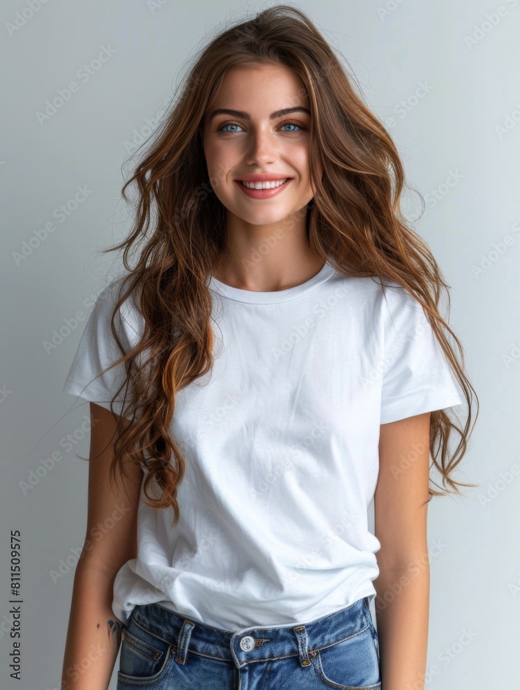 Woman wearing white tshirt mockup created with generative AI Woman wearing white tshirt mockup created with generative AI