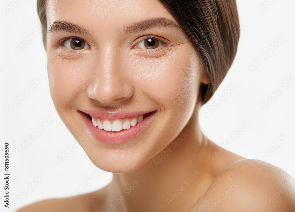 Close up photo of a female face on white background