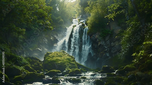 A majestic waterfall cascading down moss-covered rocks  surrounded by dense forest  an enchanting nature scene for wallpaper.