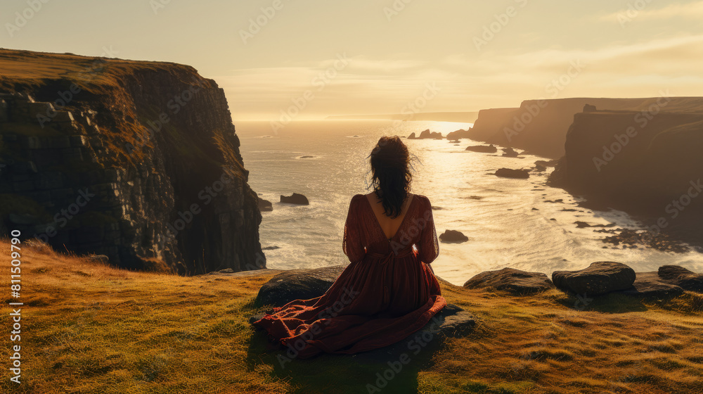 A woman is sitting on a grassy hill overlooking the ocean