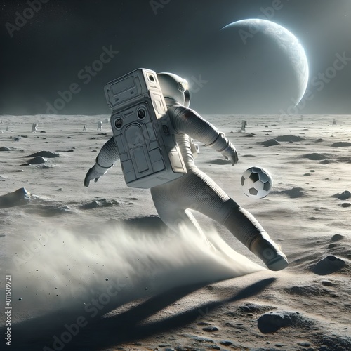 Astronaut Kicks Soccer Ball on Moon  Back View  No Dust