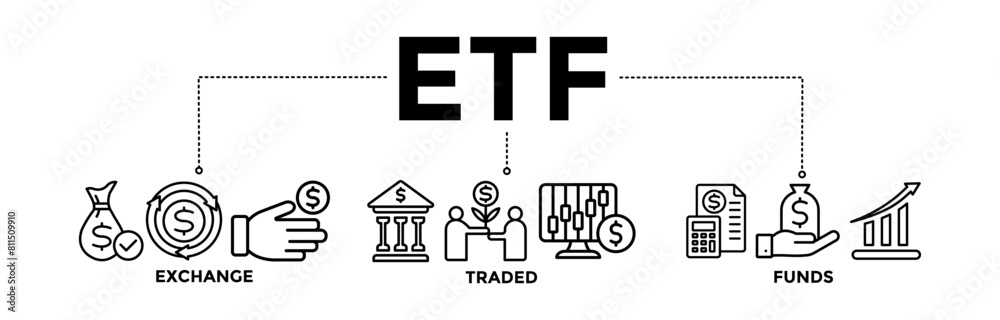 ETF banner icons set for Exchange Traded Funds Stock Market Investment with black outline icon of money, cash flow, trading, transaction, bank, accounting, and growth ETF banner icons set for Exchange Traded Funds Stock Market Investment with black outline icon of money, cash flow, trading, transaction, bank, accounting, and growth