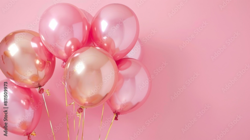 Pink and gold balloons on a pink background