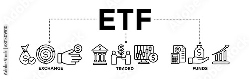 ETF banner icons set for Exchange Traded Funds Stock Market Investment with black outline icon of money, cash flow, trading, transaction, bank, accounting, and growth