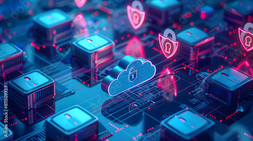 cloud security shield icons on digital background, data protection concept of online technology  network connection in blue neon light colors