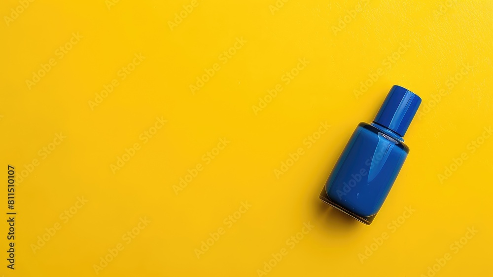 Blue nail polish bottle on yellow background Blue nail polish bottle on yellow background