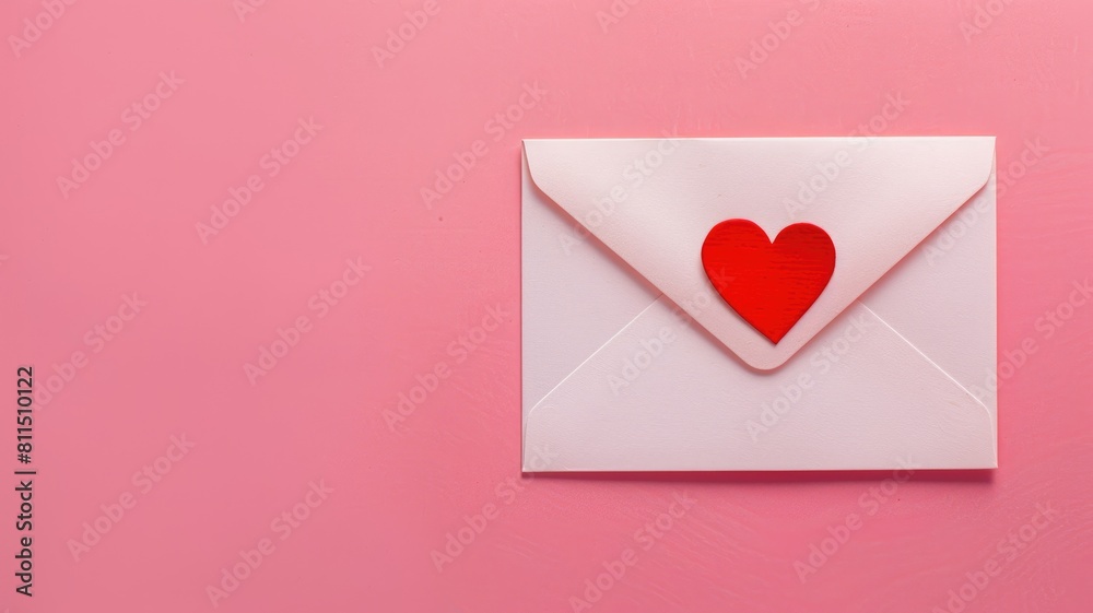 White envelope with red heart on it against pink background White envelope with red heart on it against pink background