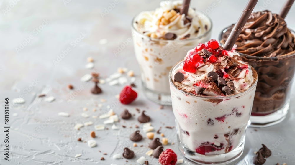 Ice cream is white, brown and bright red. sprinkled with chocolate chips with a chocolate straw. AI generated image Ice cream is white, brown and bright red. sprinkled with chocolate chips with a chocolate straw. AI generated image