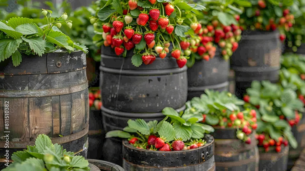 Strawberries growing in barrels in a garden. Strawberries growing in barrels in a garden.