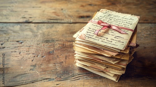 Pile of old handwritten letters tied with ribbon on wooden table