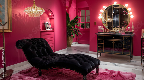 Vibrant dressing space with hot pink walls, black velvet furniture, and a glamorous vanity.