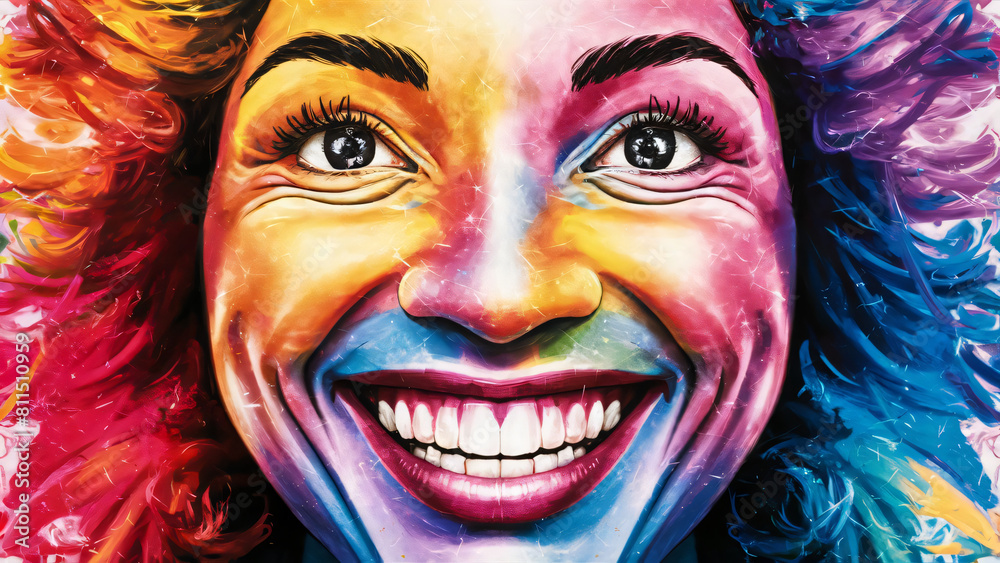 Abstract woman's face: vibrant, colorful, joyful smile. Rainbow hues blend, sparkling eyes. Uplifting, life celebration.