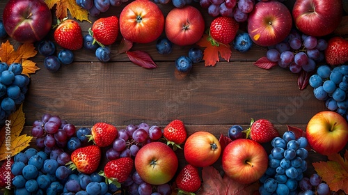 A wooden table with fruit and leaves.