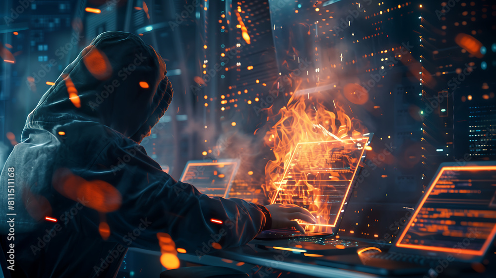 A hacker breaches a firewall, digital flames and sparks fly, illustrating cybersecurity defenses and prevention of cyberattacks A hacker breaches a firewall, digital flames and sparks fly, illustrating cybersecurity defenses and prevention of cyberattacks