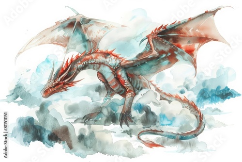 A fantastic watercolor of a dragon floating amidst clouds, vividly capturing its majestic wings, isolated with a white background