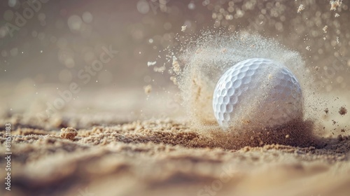 A close up of a golf ball hitting the sand.