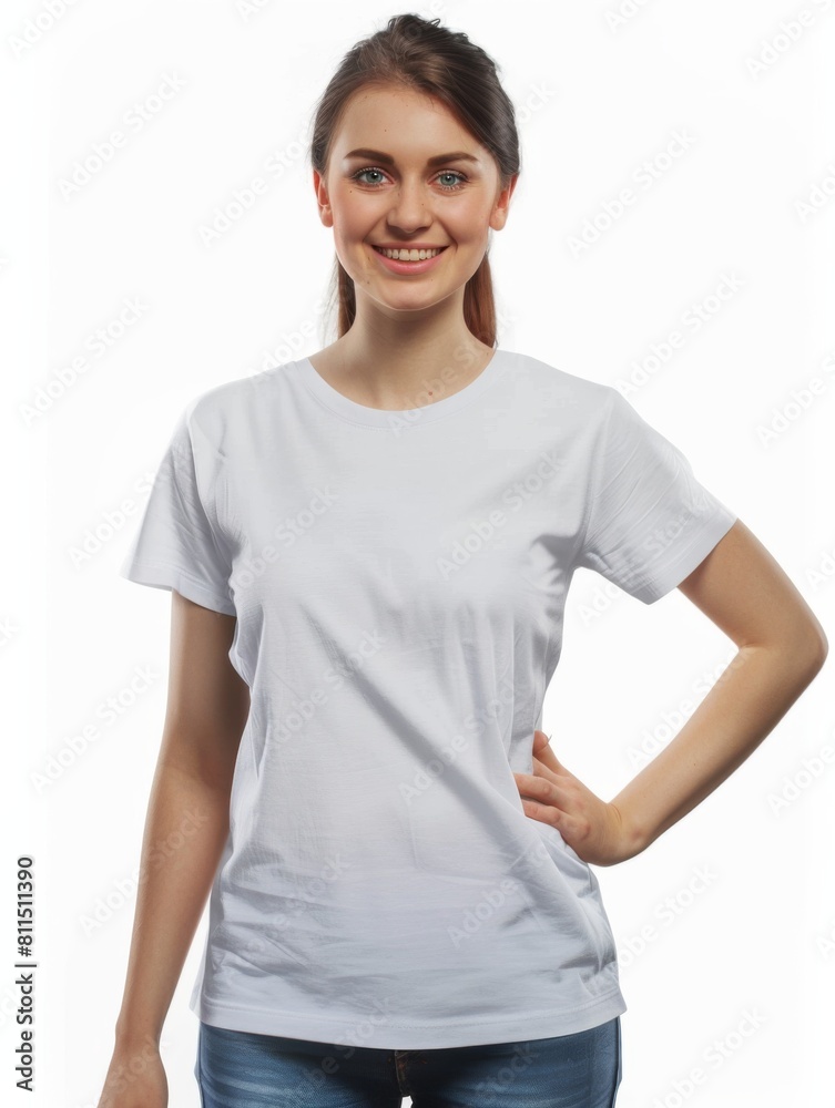 Woman wearing white tshirt mockup created with generative AI Woman wearing white tshirt mockup created with generative AI