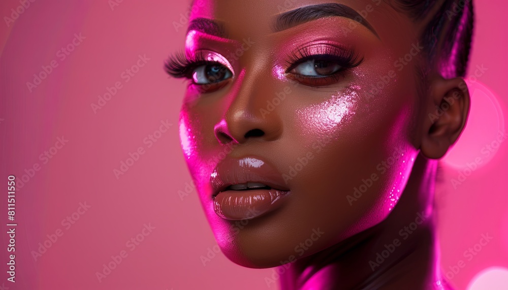 gorgeous african american baddie wearing pink, aesthetic, model pose, glam, full makeup, beauty