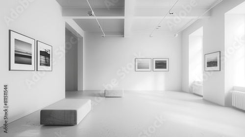 Art gallery with minimalist white walls and a series of black and white images.