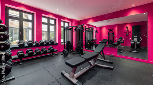 Gym area with bright pink walls, sleek black equipment, and expansive mirrors.