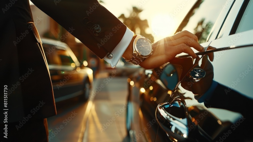 Naklejka premium Portrait of a businessman wearing a suit and luxury watch about to enter his car.