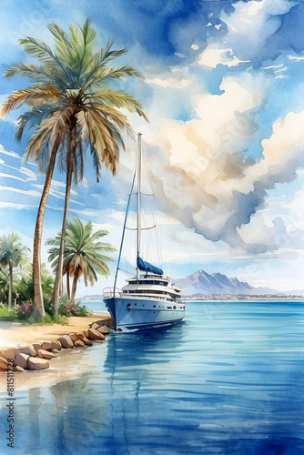 Wall art Watercolor yacht. Advertising signs. Product design. Product sales. Fabric design, Digital printing, Prints Room Decoration. © Thitimon