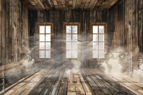Wooden sauna with steam seeping from windows on a hardwood floor