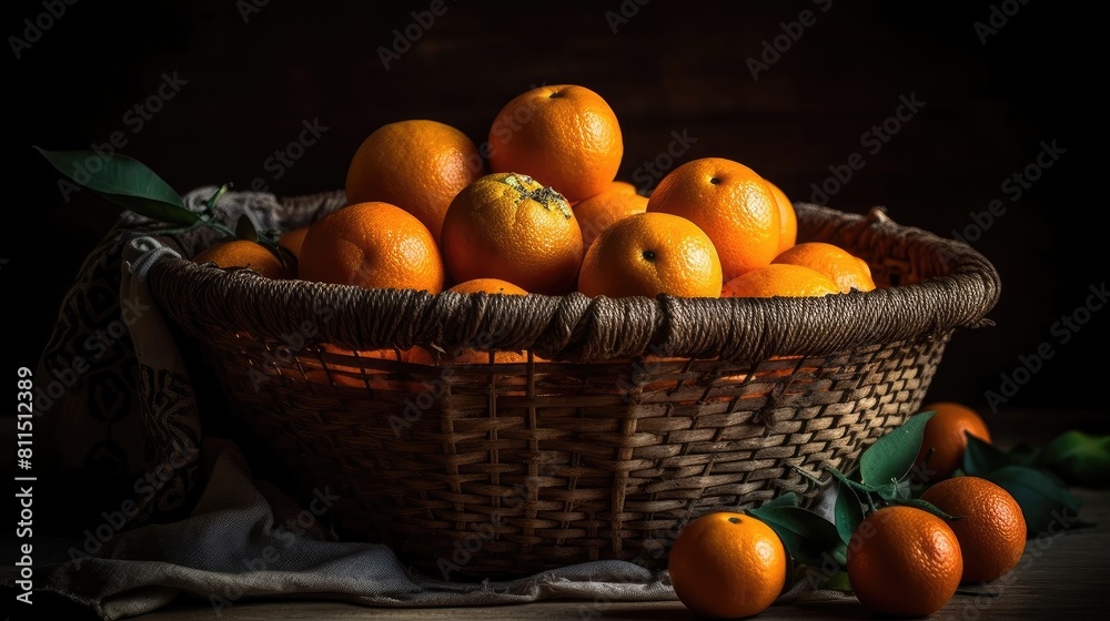 Fresh Orange Fruits in a bamboo basket with blur background