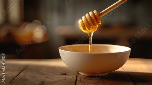 Honey dripping from a honey stick into a beautifully shaped bowl on a wooden table AI generated