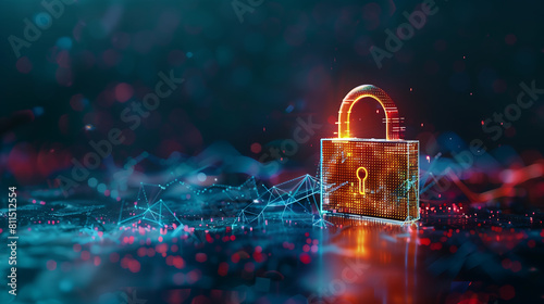 digital padlock on digital  background with glowing data connections and copy space style of cyber security, technology concept