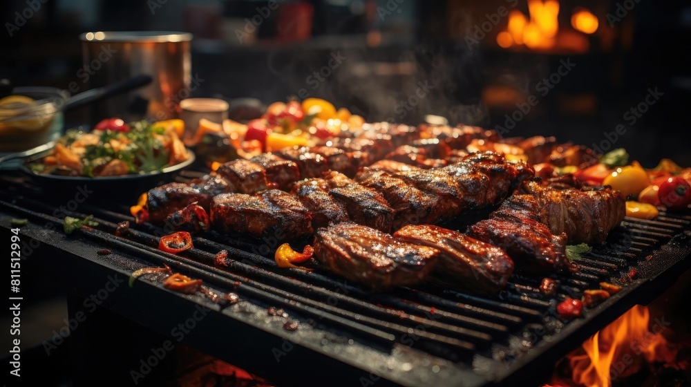 Realistic grilled barbeque with melted barbeque sauce and cut vegetables, black and blur background