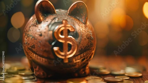 A satirical pic of a piggy bank with a dollar sign drawn on its face, bursting at the seams with coins. photo