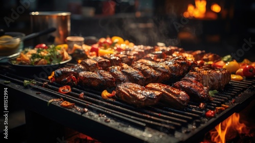 Realistic grilled barbeque with melted barbeque sauce and cut vegetables  black and blur background